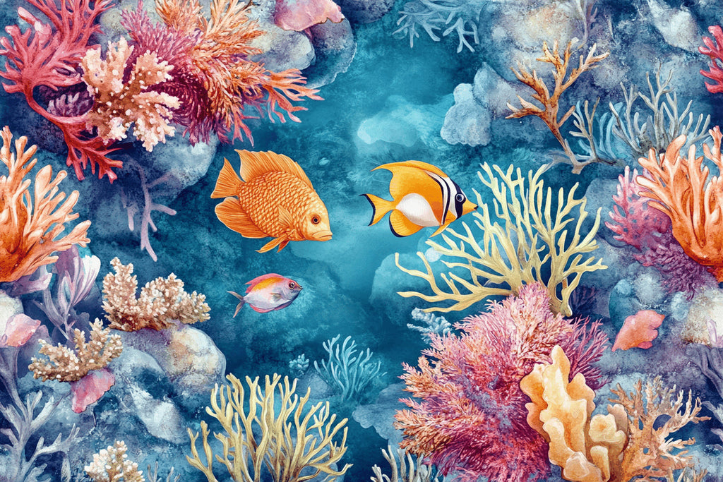 Design file showing detailed coral reef pattern with vibrant tropical fish