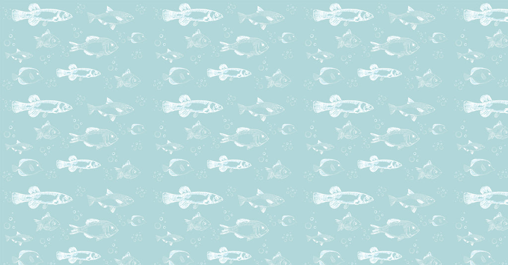 Hand-drawn fish pattern design file showing detailed white sketches on aqua blue background