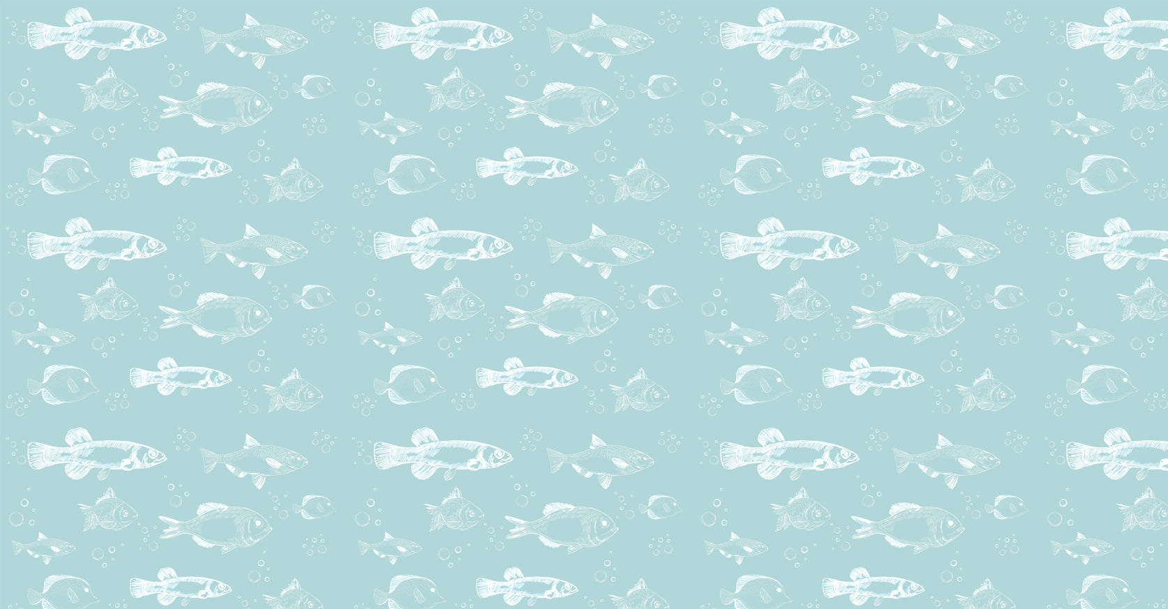 Hand-drawn fish pattern design file showing detailed white sketches on aqua blue background