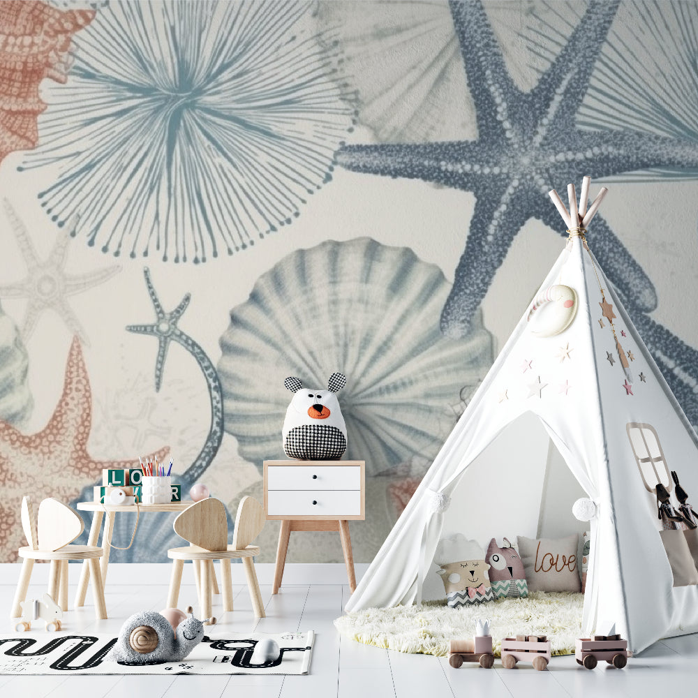 Marine life wallpaper creating a peaceful atmosphere in a modern bathroom with soft coral and seashell designs