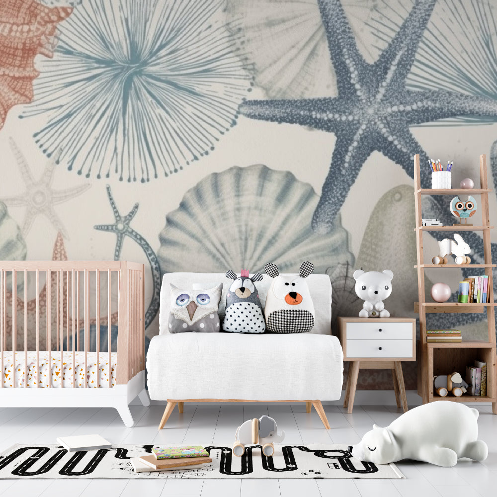 Coastal wall mural adding beach vibes to a living room with soft coral motifs