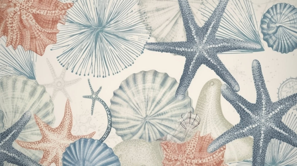 Marine life wallpaper design file showing detailed coral and seashell pattern in soft blues and pinks