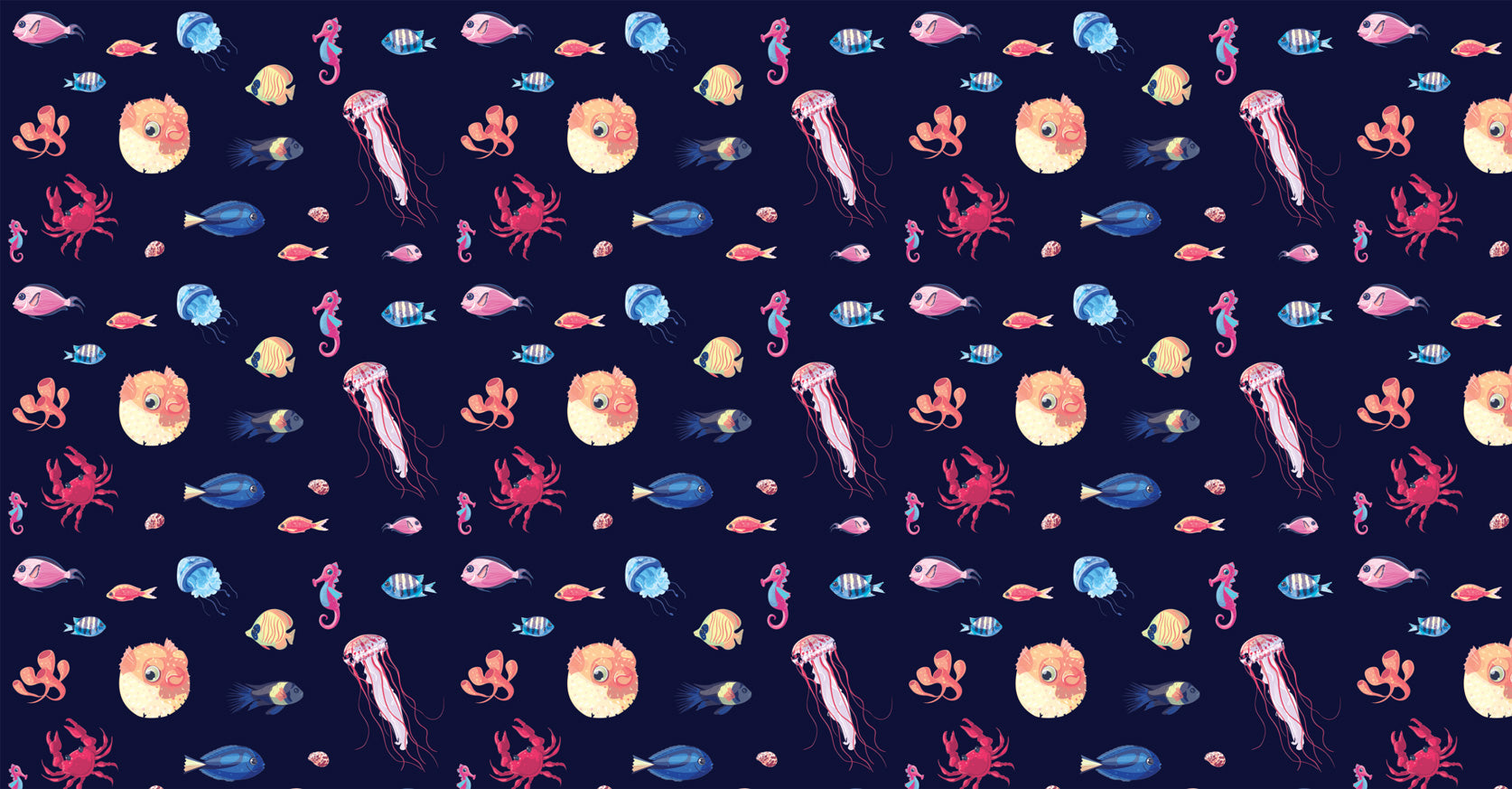 Marine life wallpaper creating an underwater paradise in a modern living room, with jellyfish and seahorses dancing on navy walls