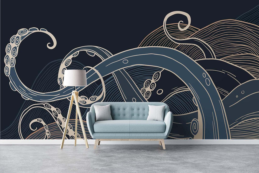Navy and gold nautical wallpaper making statement in home office