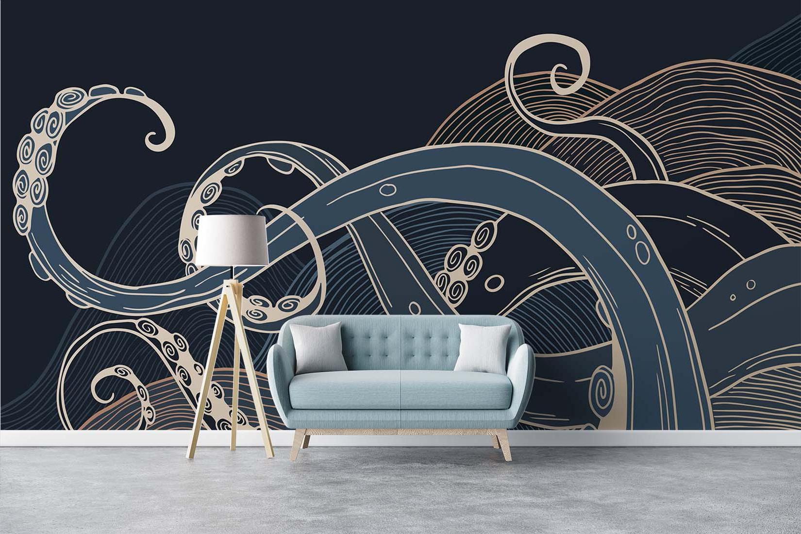 Navy and gold nautical wallpaper making statement in home office
