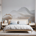 Marine abstract wallpaper with shell design shown in a modern living room, creating a calm and elegant atmosphere