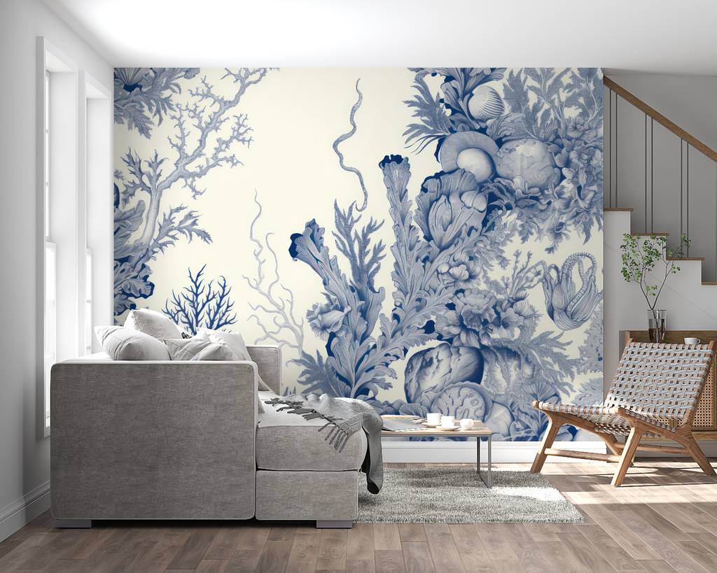 Blue coral underwater wallpaper creating spa-like atmosphere in master bathroom