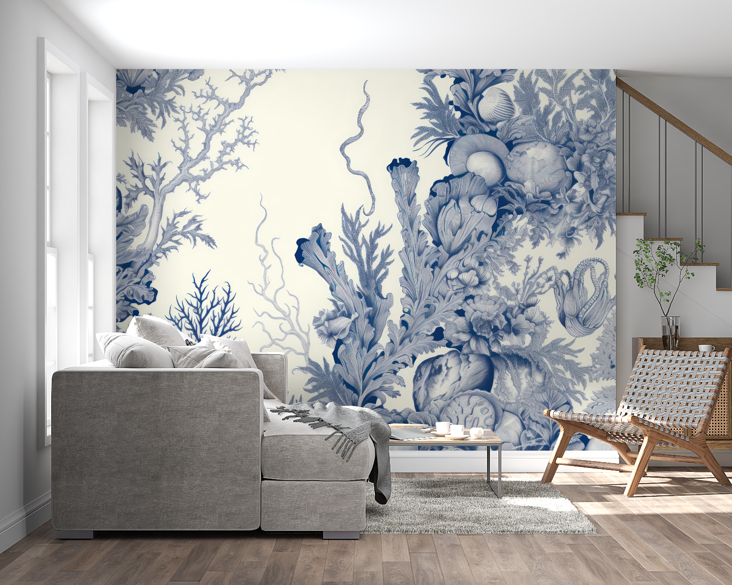 Blue coral underwater wallpaper creating spa-like atmosphere in master bathroom