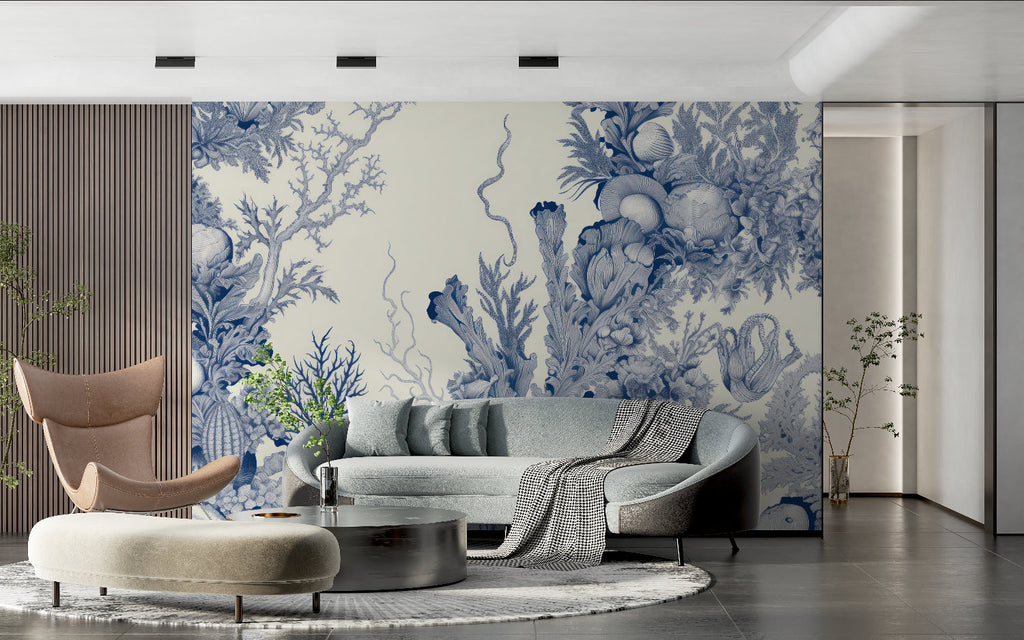 Ocean themed wall mural in coastal style bedroom with white furniture