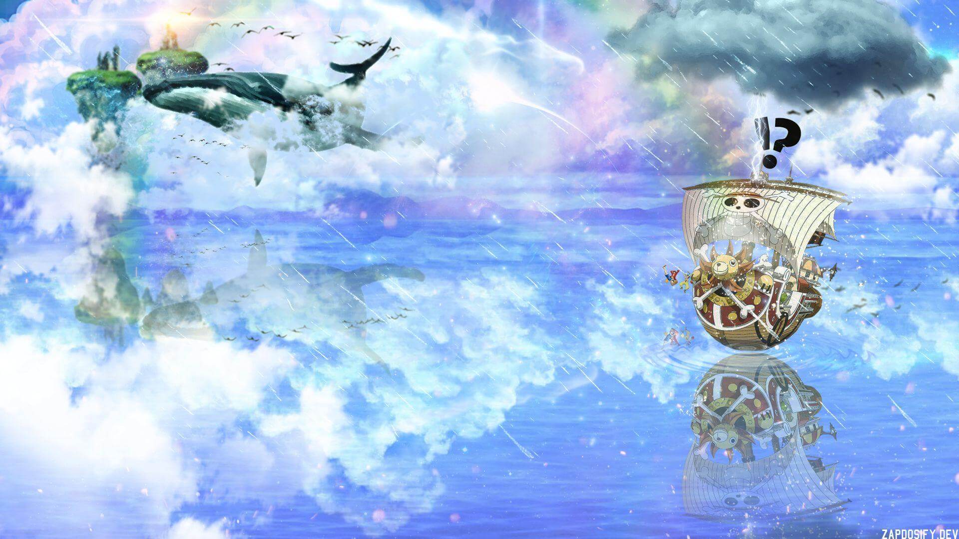 Design file showing detailed fantasy ocean pattern with flying whale and pirate ship artwork