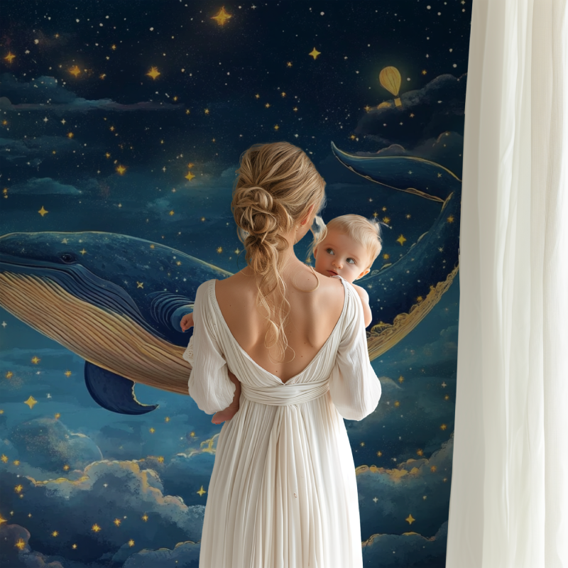 Marine whale wallpaper mural showcased in a modern nursery with soft lighting and floating shelves