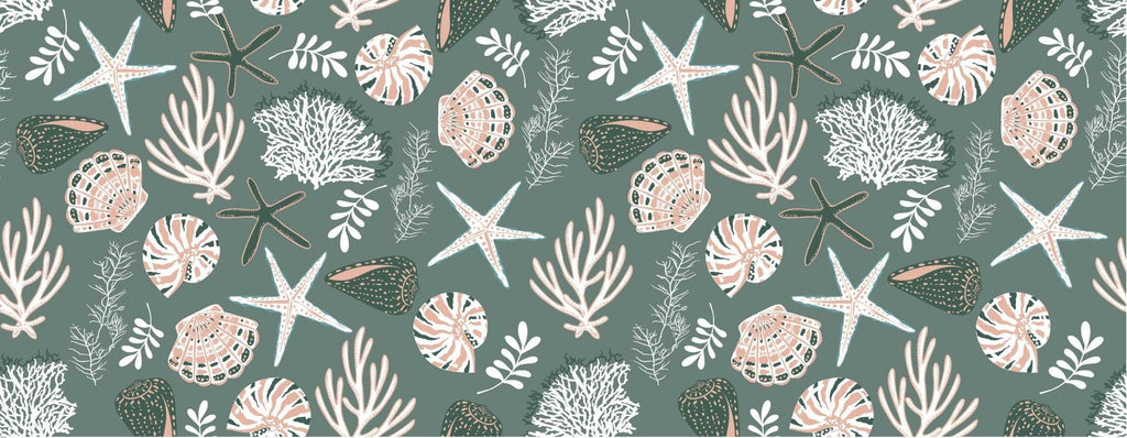 Design file of marine pattern with detailed seashells and starfish on sage green background