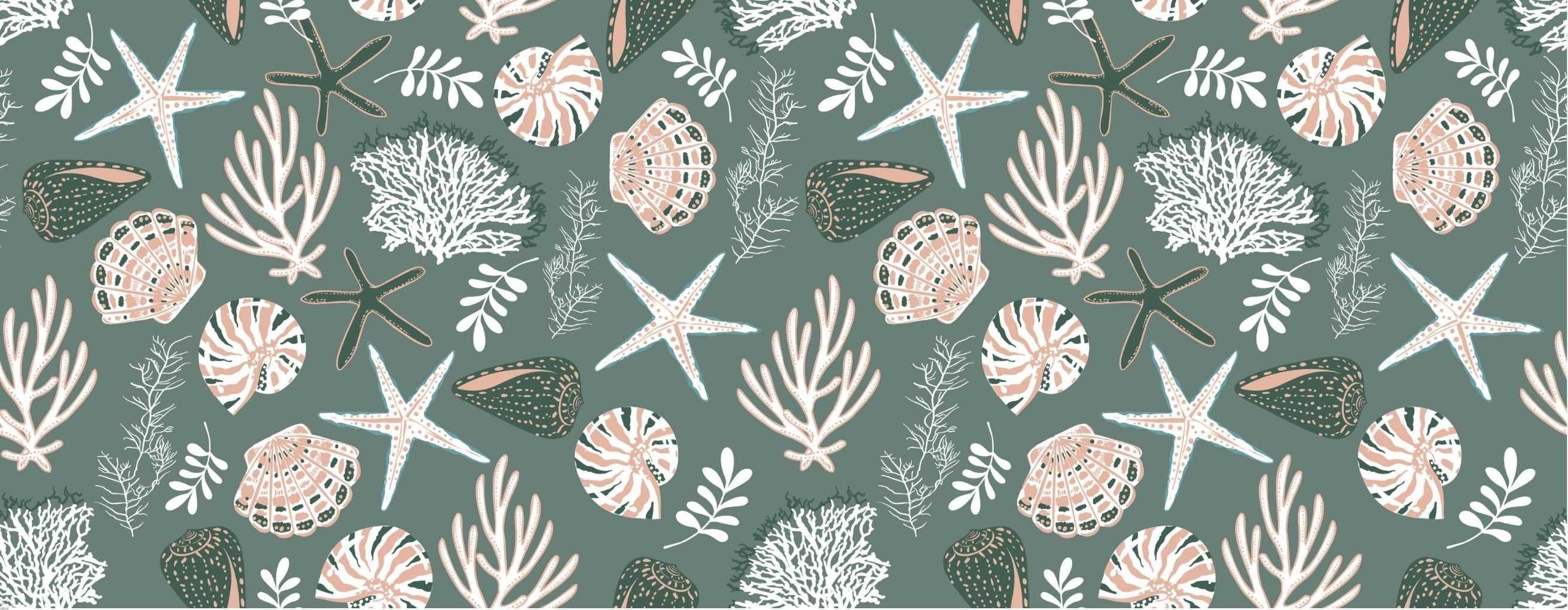 Design file of marine pattern with detailed seashells and starfish on sage green background
