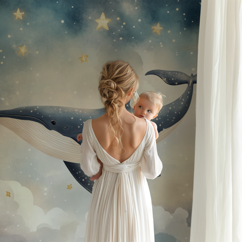 Marine wallpaper creating depth in a modern bedroom with starry elements
