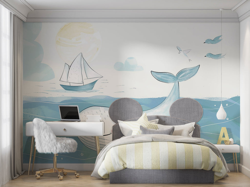 Ocean theme wallpaper with whale and sailboat creating a peaceful atmosphere in a modern nursery