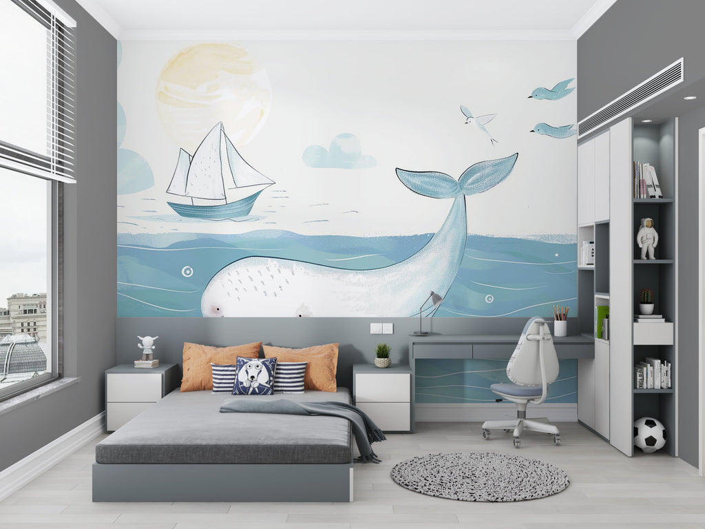 Nautical wallpaper transforming a playroom with gentle ocean scenes