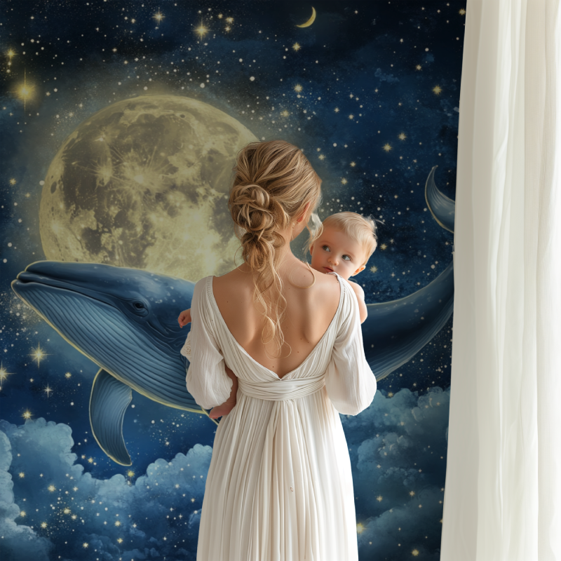 Starlit whale wallpaper bringing ocean magic to a modern living room setting