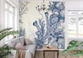 Marine botanical wallpaper in bright modern living room showing blue Toile de Jouy pattern