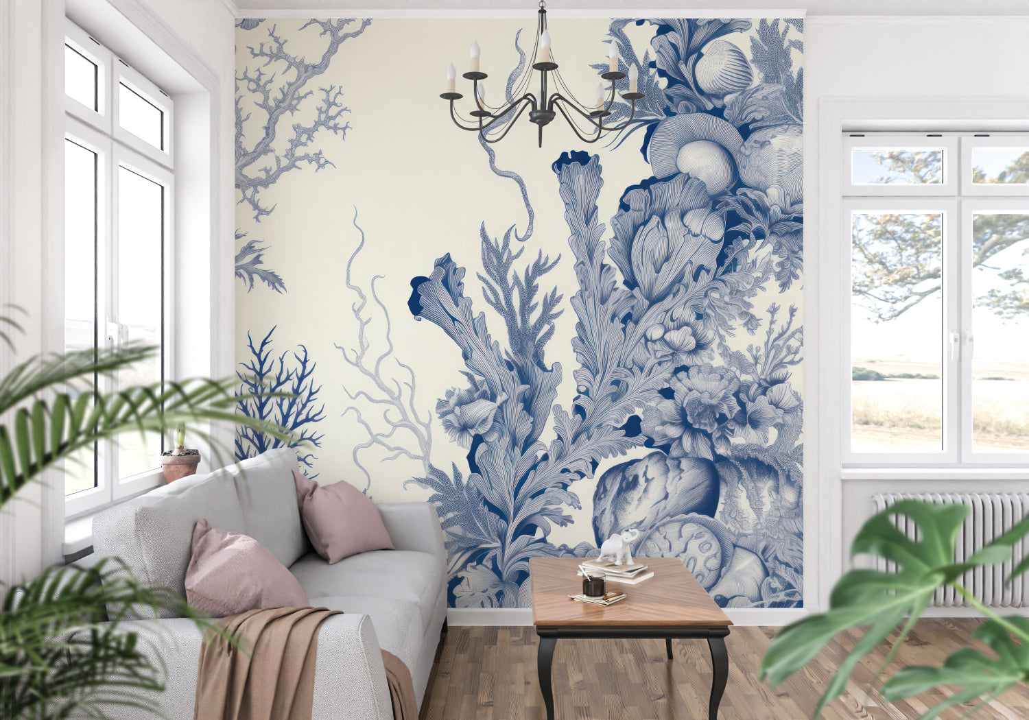 Marine botanical wallpaper in bright modern living room showing blue Toile de Jouy pattern