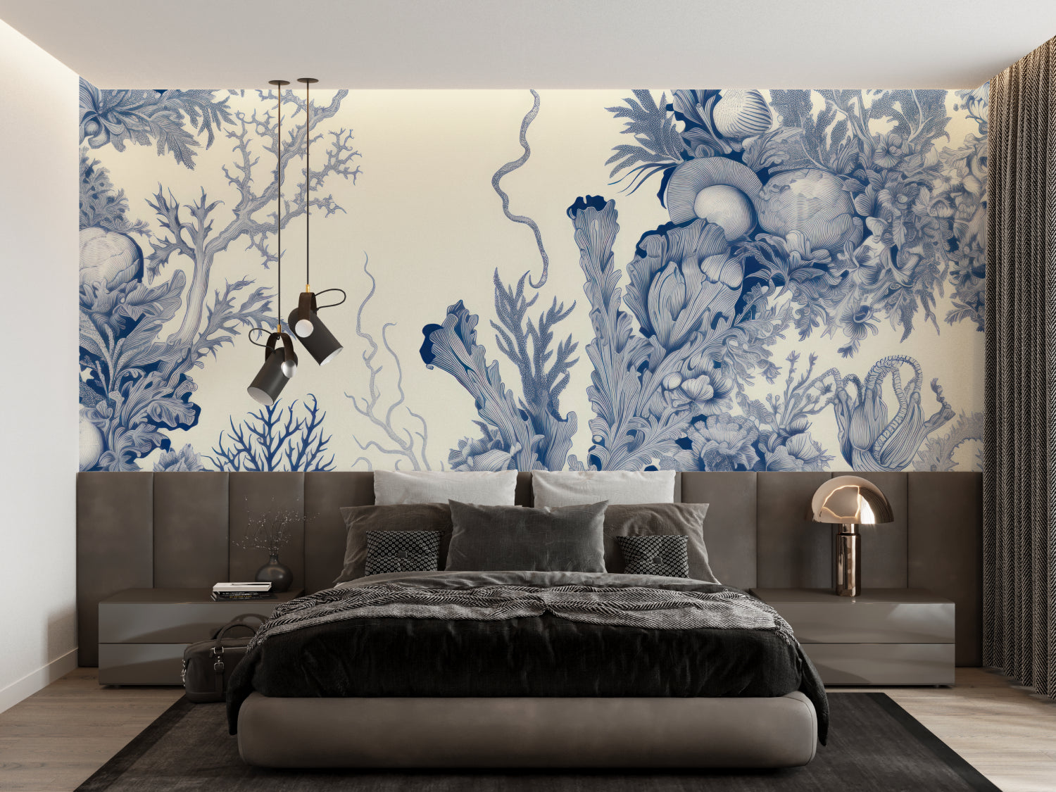 Marine pattern mural installed in coastal style home office