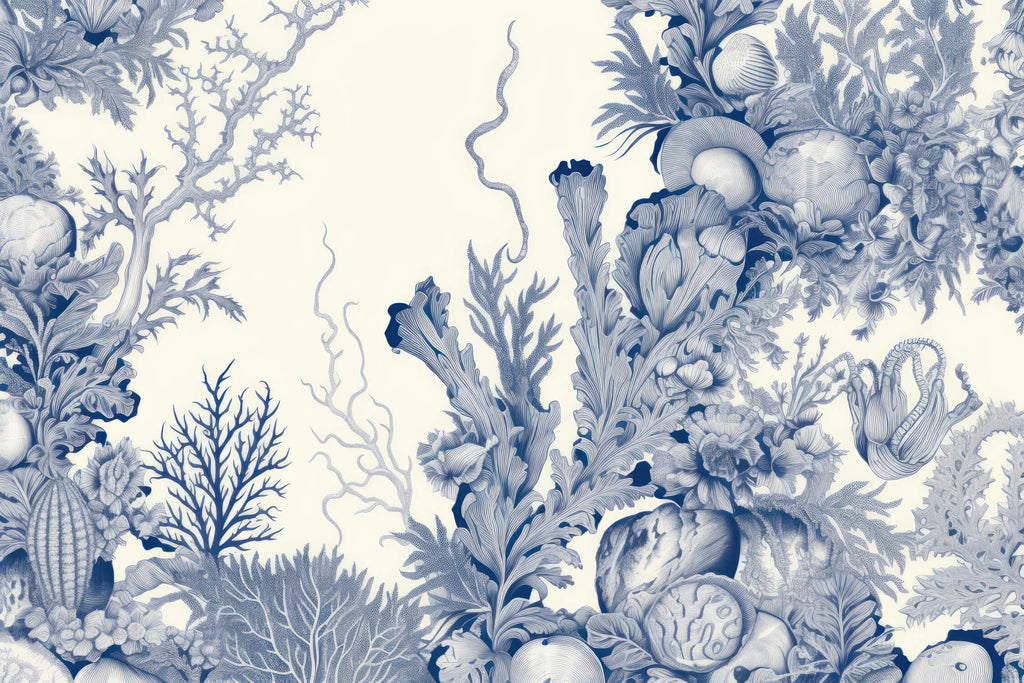Design file of Marine Toile de Jouy pattern showing intricate ocean botanical details