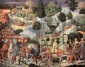 Medieval castle wallpaper design file showing Renaissance procession with nobles and horses against dramatic mountain landscape