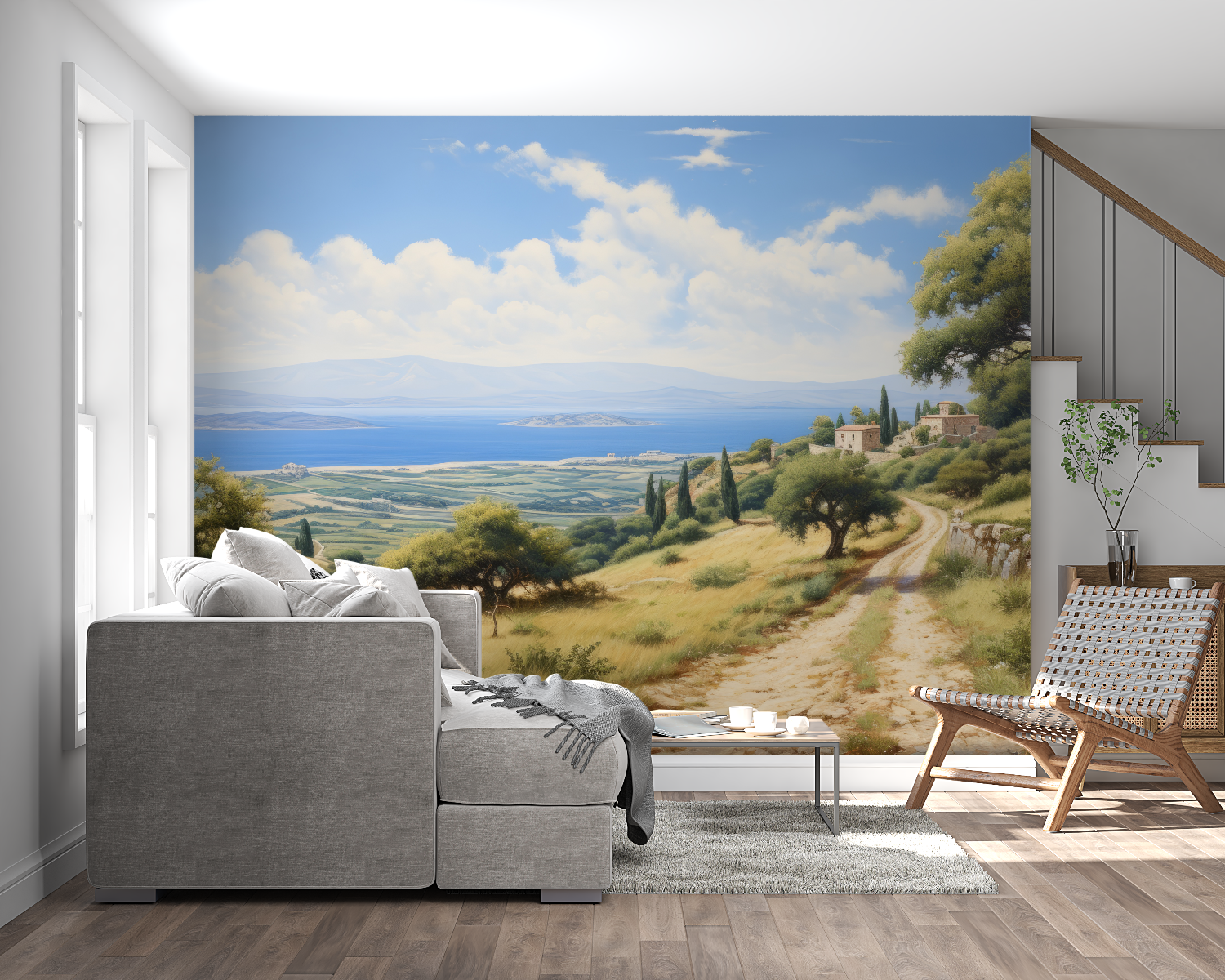 Mediterranean vista mural adding depth to hallway with coastal scenery