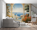 Mediterranean terrace wallpaper creating a bright focal point in modern living room with white sofa