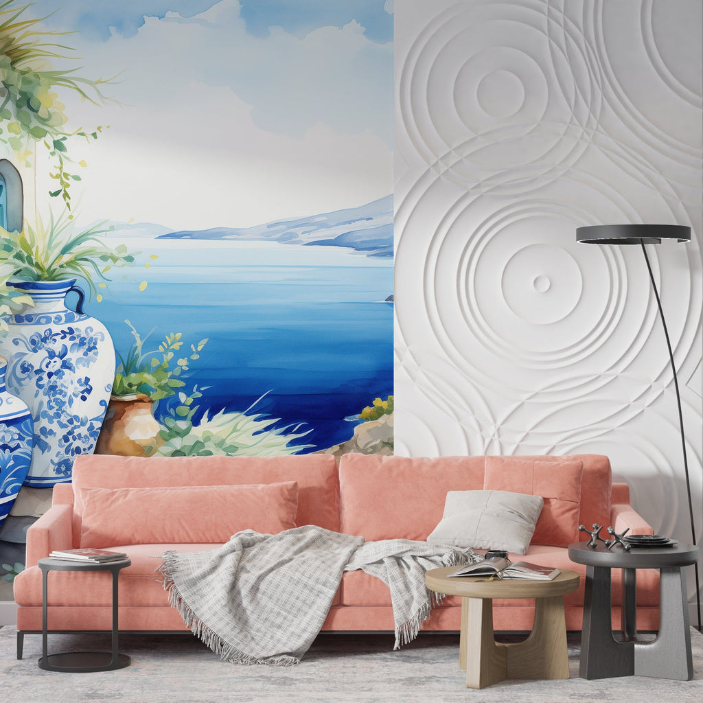 Watercolor Santorini scene creating an elegant backdrop in a luxury bathroom