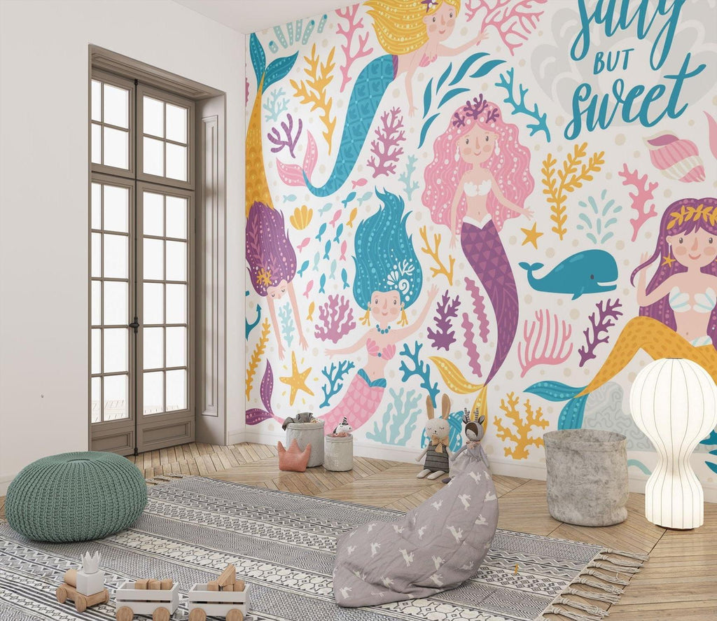 Mermaid wall mural bringing magic to a cozy children's bedroom with soft lighting