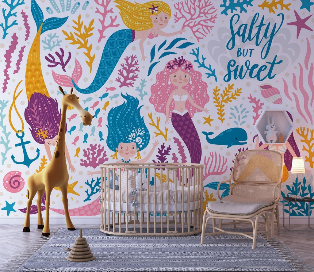 Mermaid wallpaper creating a whimsical atmosphere in a girl's reading nook