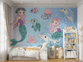 Mermaid wallpaper mural bringing magic to a modern kids bedroom with soft blue and pink tones