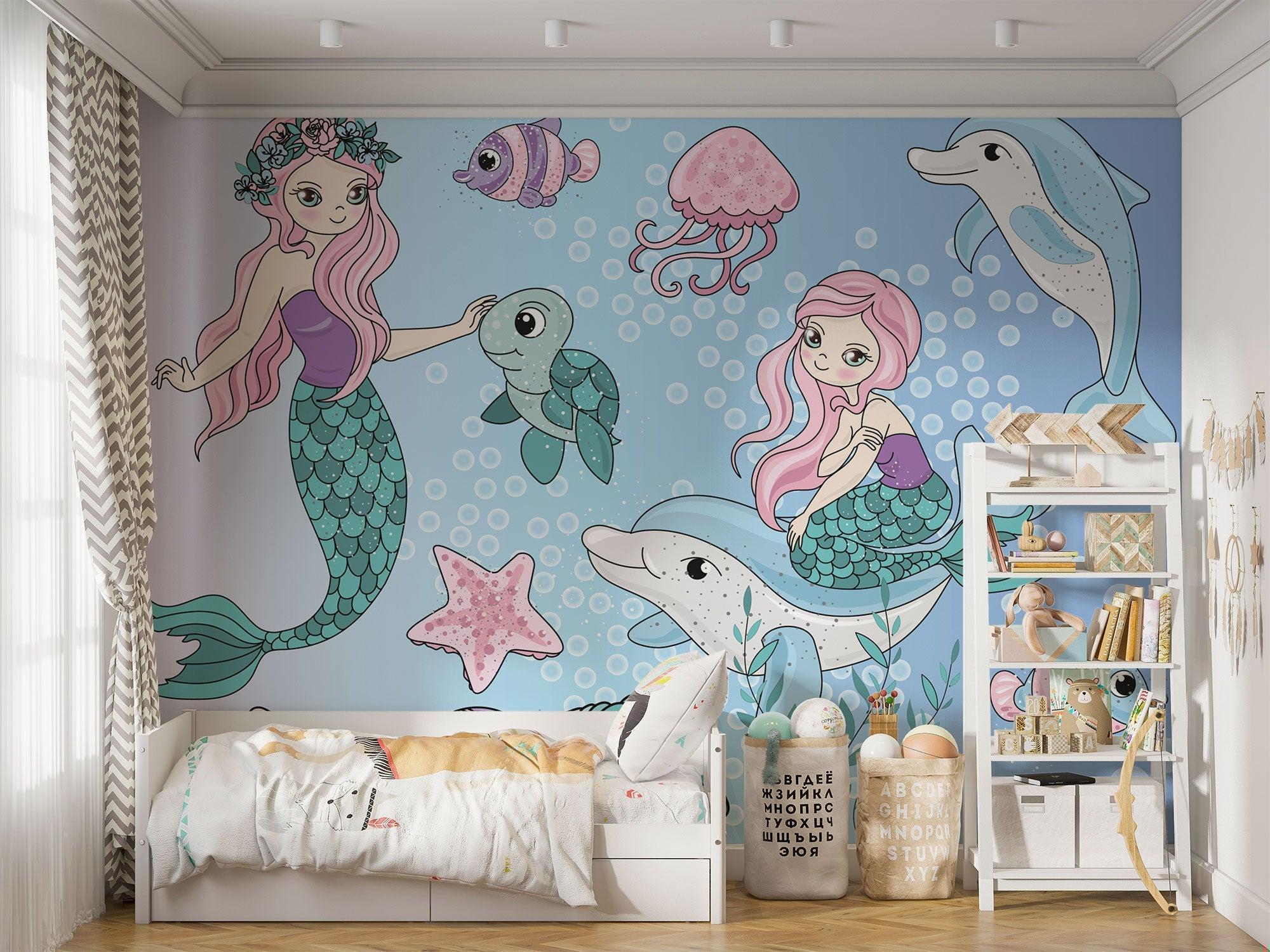 Mermaid wallpaper mural bringing magic to a modern kids bedroom with soft blue and pink tones