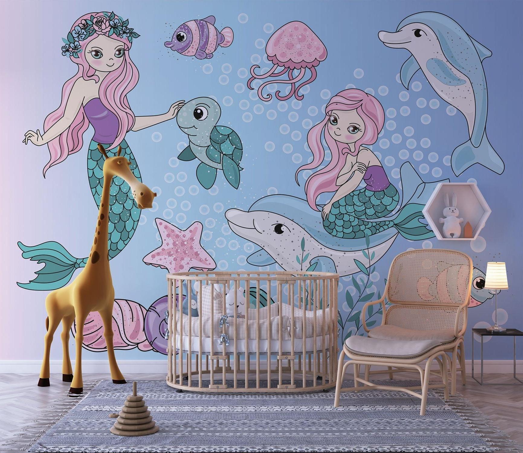 Playful mermaid wall design transforming a nursery into an underwater wonderland