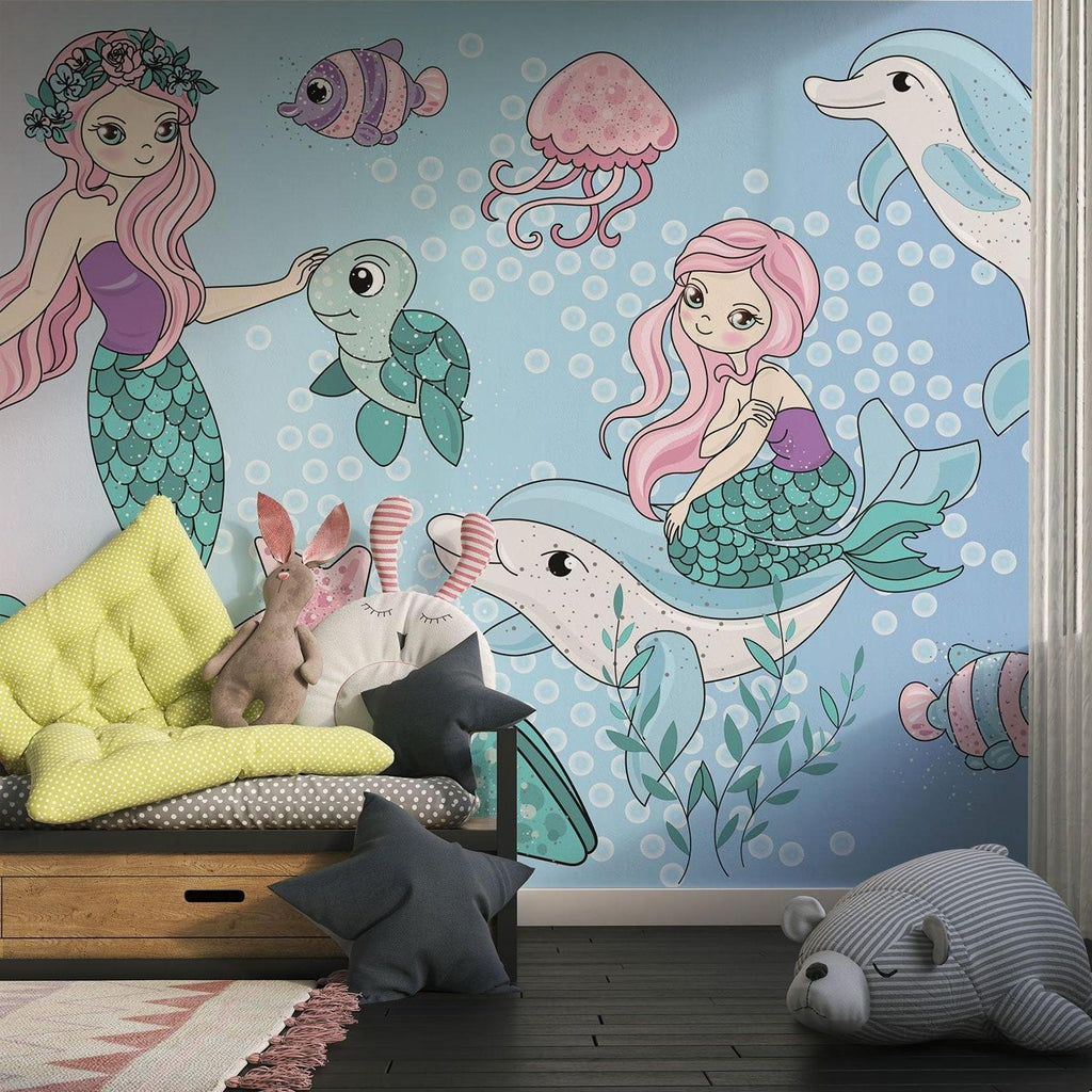 Ocean fantasy mural creating depth in a small bedroom with swimming dolphins