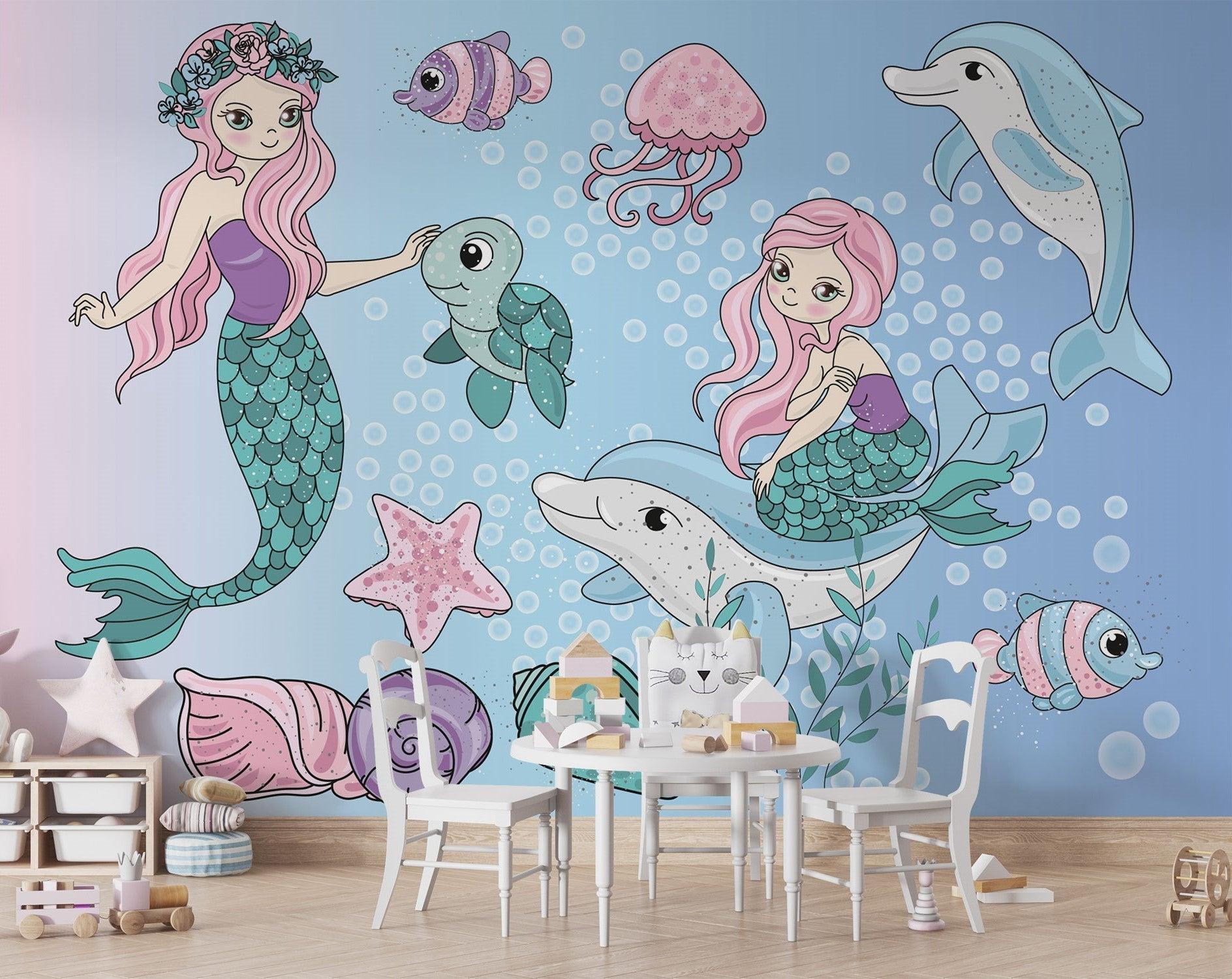 Mermaid and dolphin wallpaper adding whimsy to a girl's reading nook
