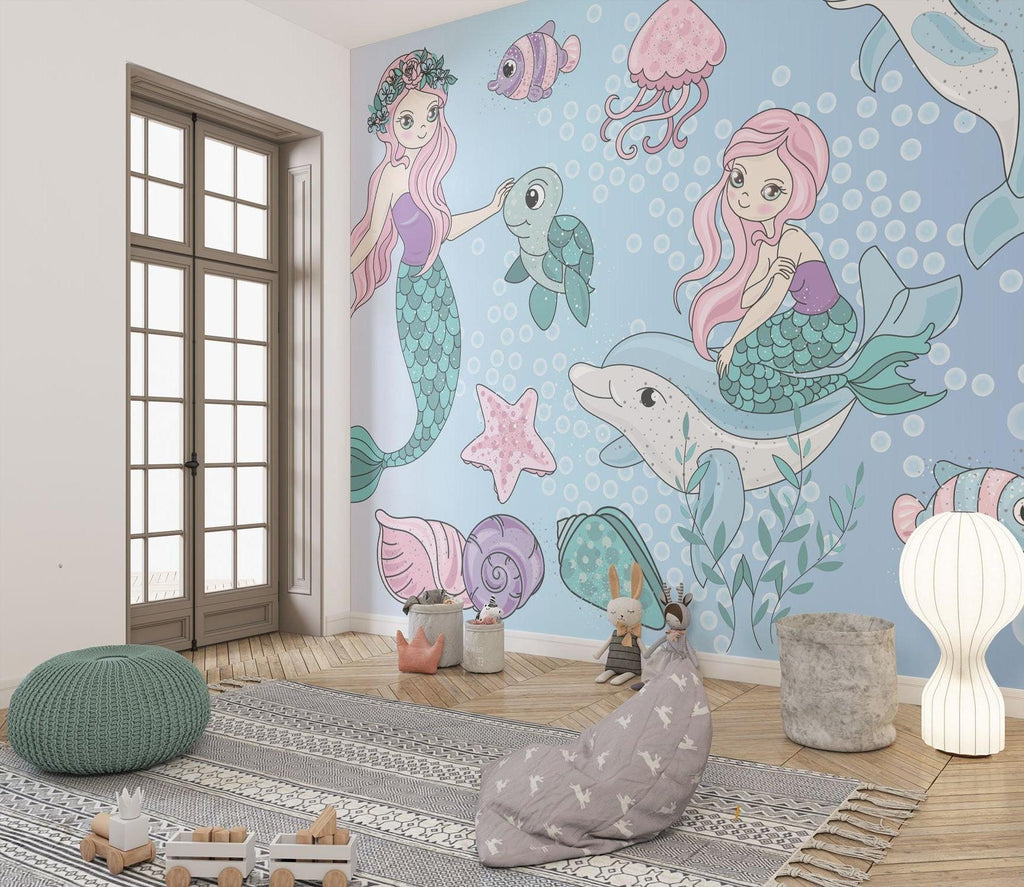 Underwater mural wallpaper making a statement in a coastal-themed playroom