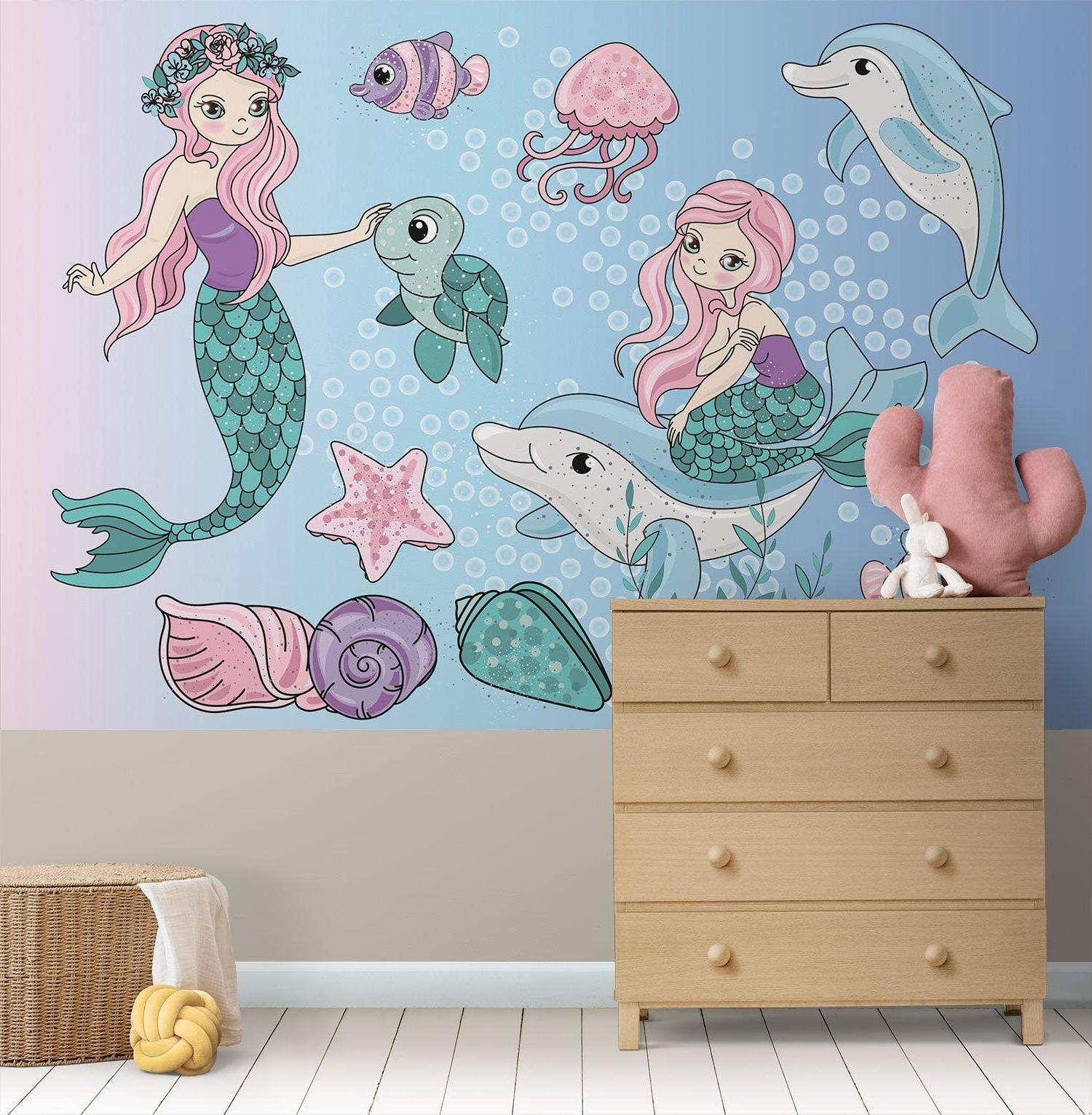 Dreamy mermaid wall mural bringing ocean magic to a modern bathroom