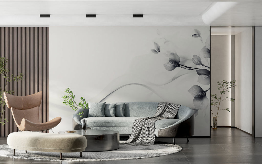 Modern grey leaf mural adding movement to dining room walls