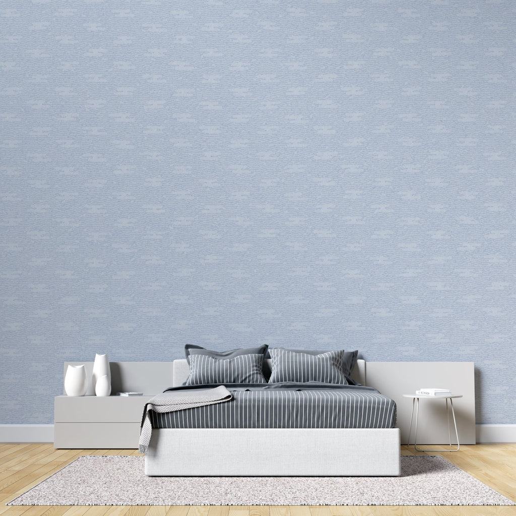 Blue textured wall mural in dining room showing versatile decorating potential
