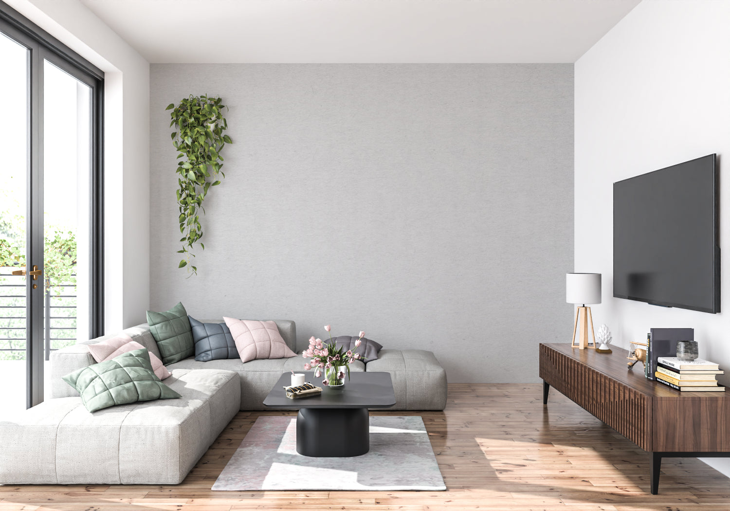 Modern grey minimalist wallpaper in bright living room with contemporary furniture