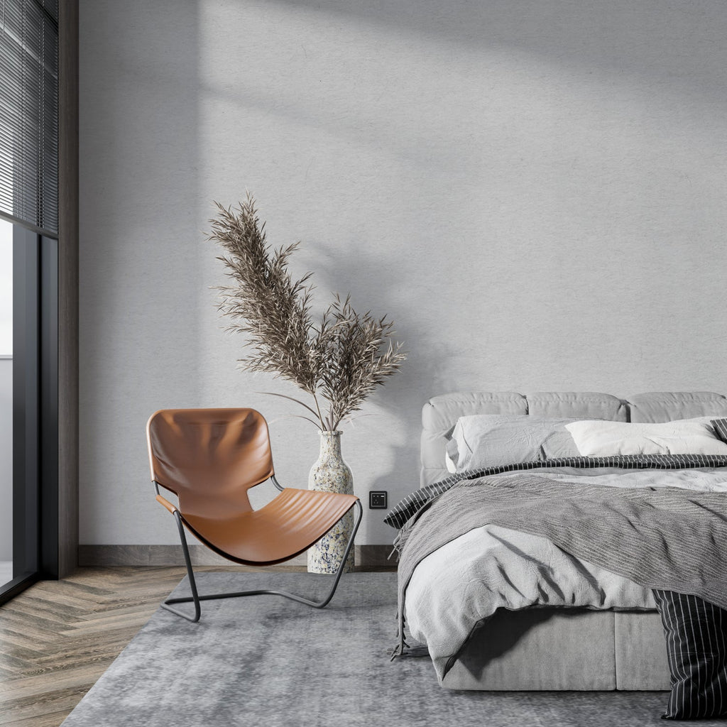 Contemporary grey wall mural in dining room with designer furniture