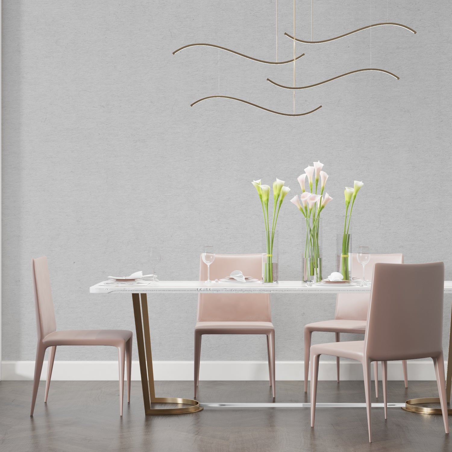 Modern grey wallpaper in bright living room with minimalist furniture and large windows