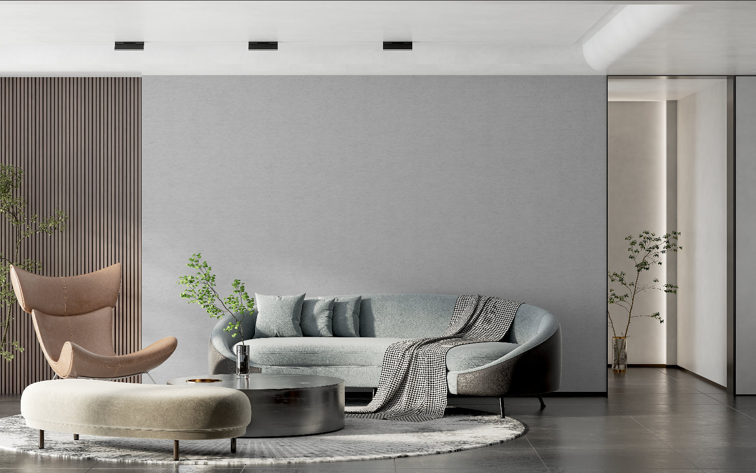 Grey minimalist wall mural in modern home office setting with desk and chair