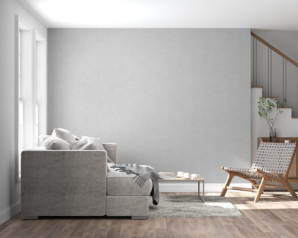 Minimalist grey mural wallpaper in entrance hallway with modern lighting