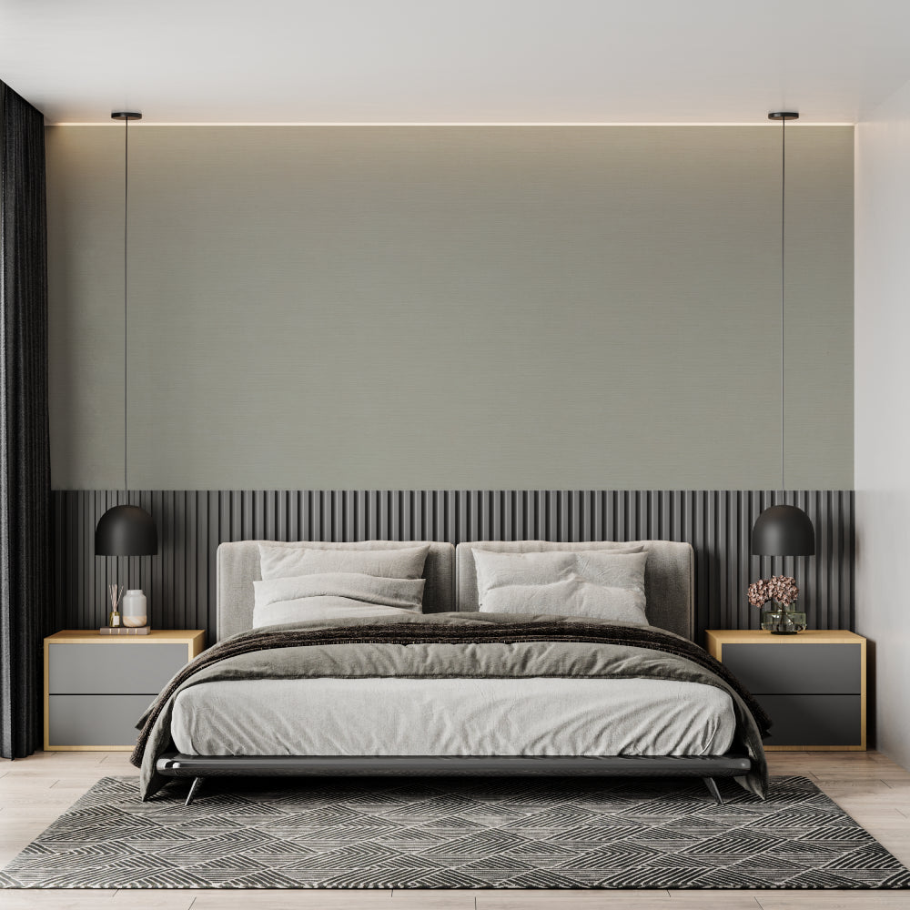 Minimalist sage green wallpaper creating a serene atmosphere in a contemporary bedroom setting
