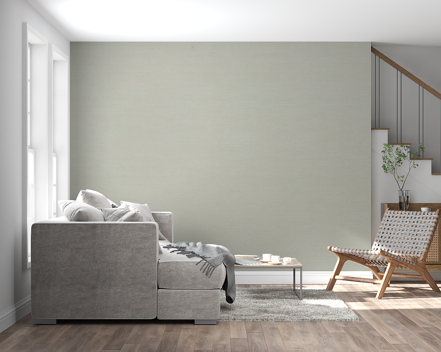 Textured sage green wall mural in a home office highlighting its subtle woven pattern