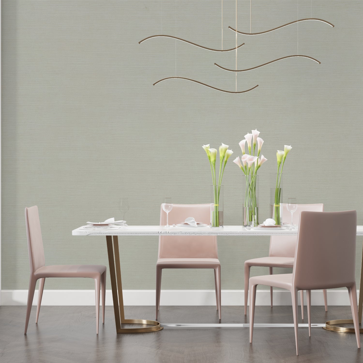 Green textured wallpaper creating depth in a minimalist hallway space