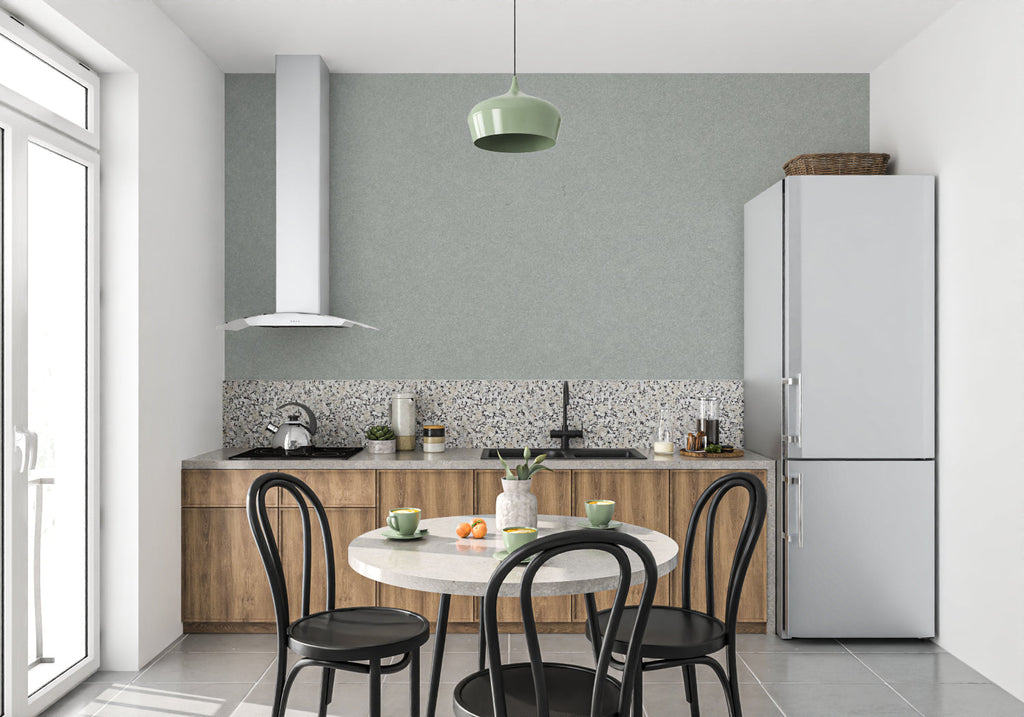 Grey textured wallpaper in home office showing depth and dimension
