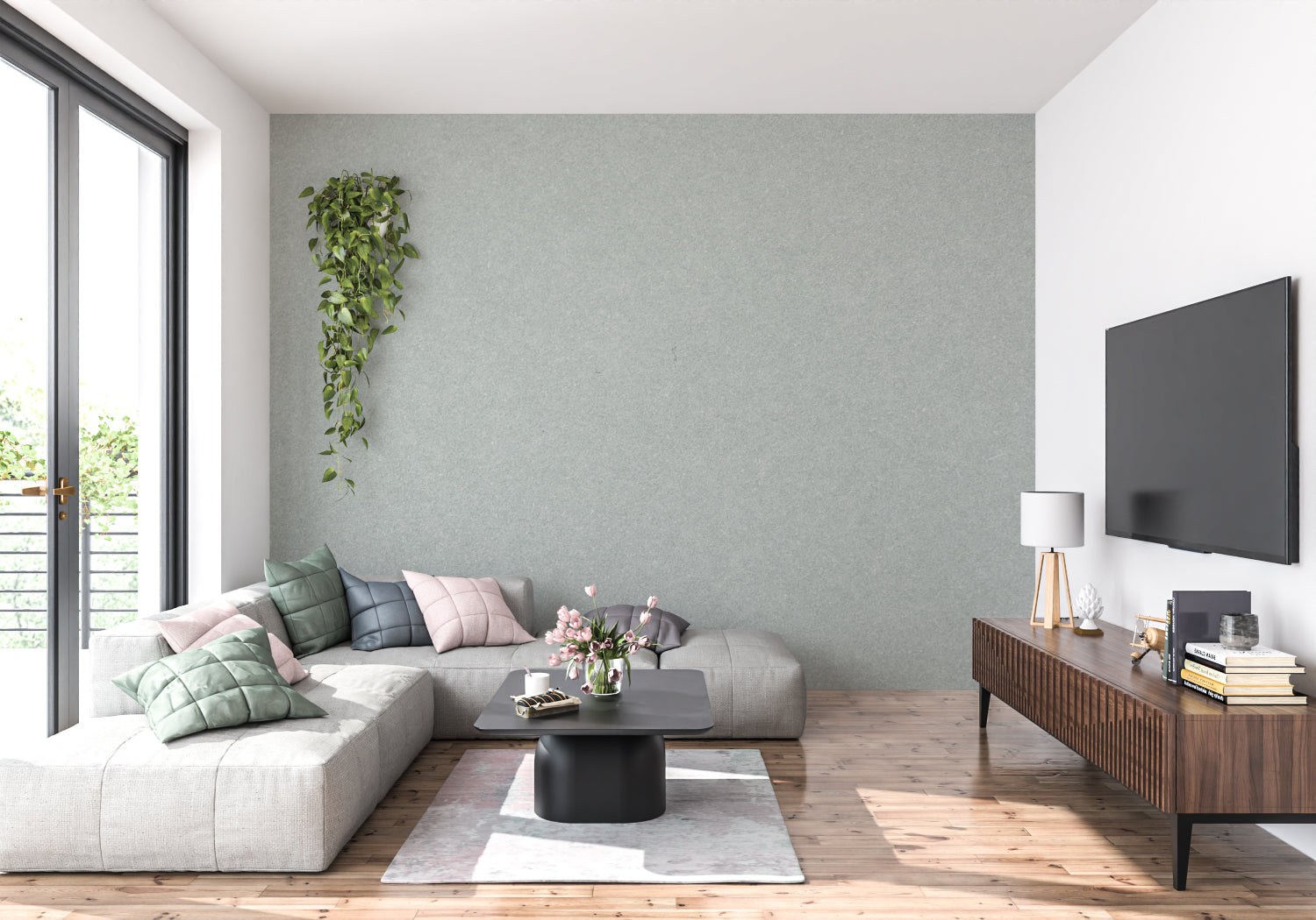 Minimalist grey wall covering in dining room with modern furniture